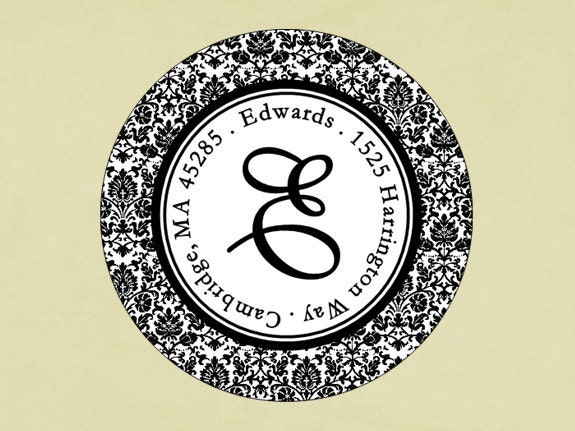 Return address labels, stickers, tags, envelope seals, round--Black damask