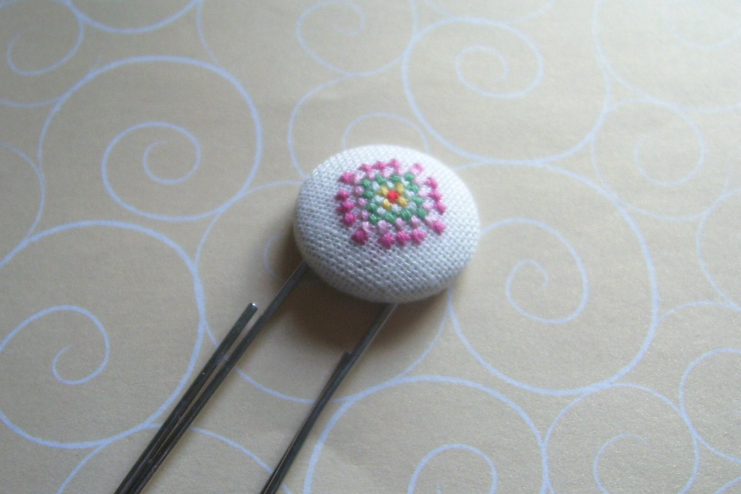 The Eye in Pink & Green Paper Clip and Cross Stitched Button Bookmark