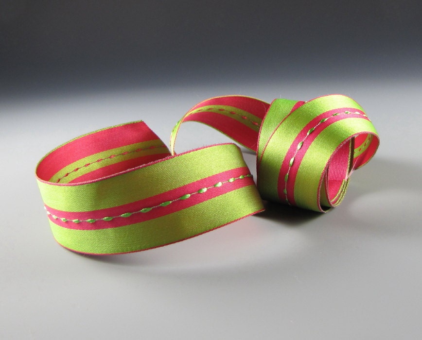 Satin Ribbon 1 1/4" Wide  Fuschia and Lime Green Reversible 2 yard length