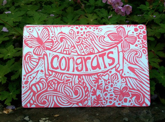 Congrats:  Hand Carved and Printed Linocut NoteCard