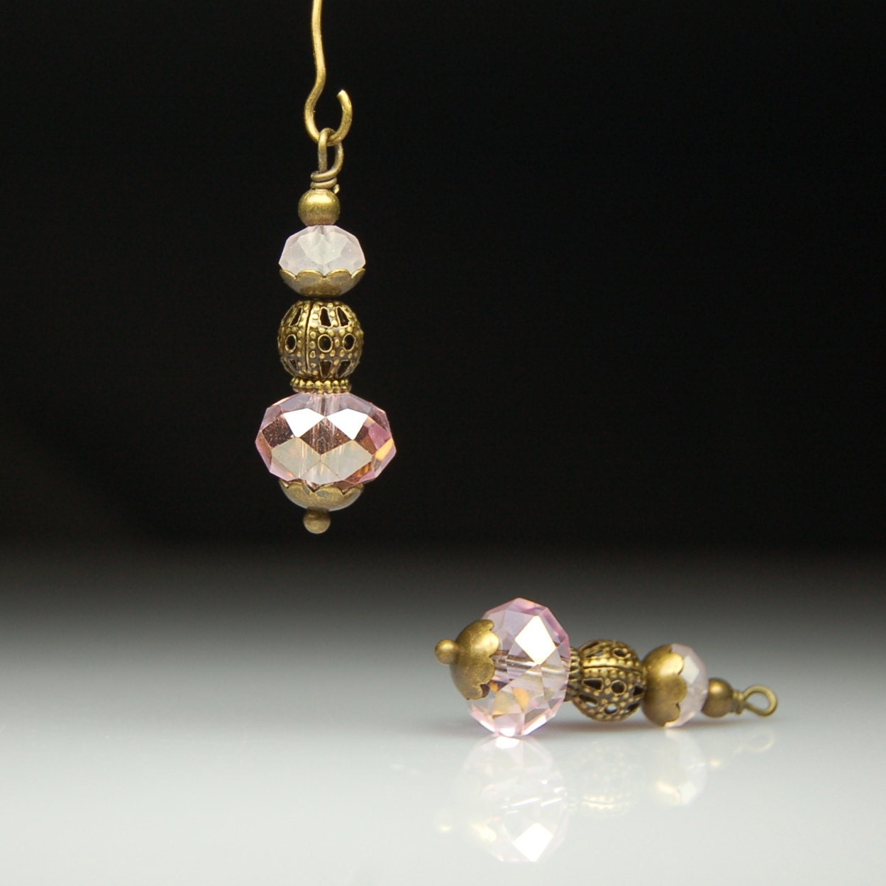 Vintage Style Bead Dangles Pink Glass Pair PK143
