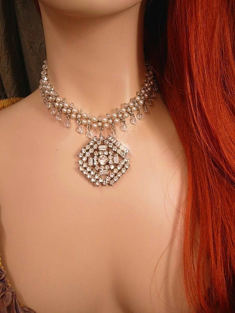 Medieval Renaissance Pearl choker with vintage rhinestone drop and huge bracelet