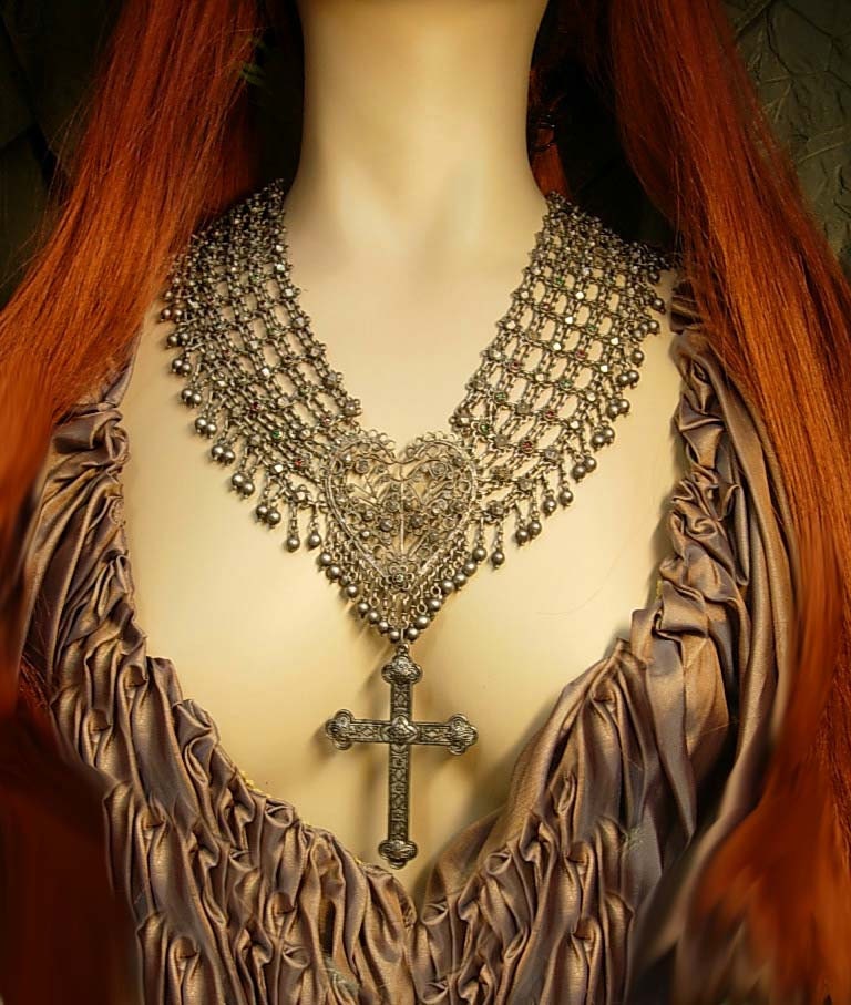 ANtique Medieval NEcklace Sacred heart Gothic cross jeweled collar HUGE statement necklace