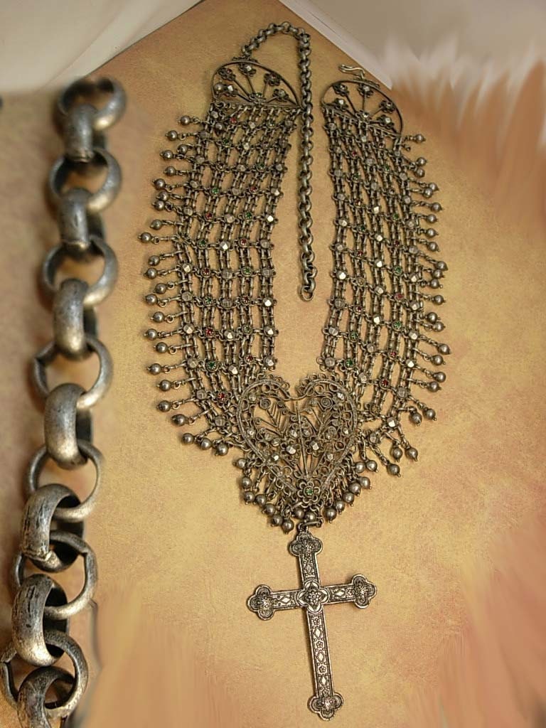 ANtique Medieval NEcklace Sacred heart Gothic cross jeweled collar HUGE statement necklace