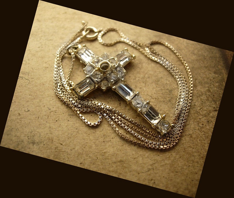 REserved for Lola Vintage rhinestone French stanhope Cross sterling chain necklace The lords prayer