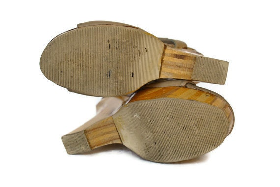 Wooded Platforms / super high heel wedge / 1970s / size 6.5