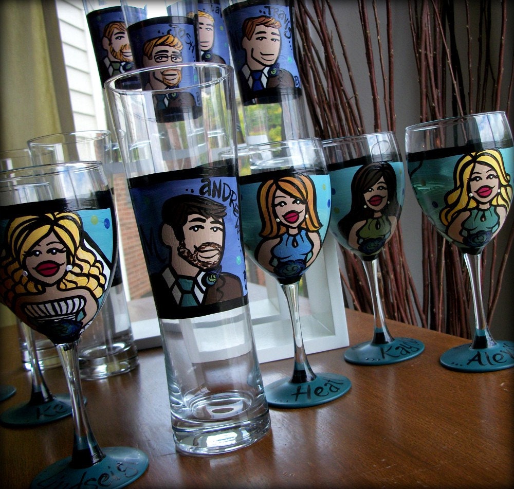 Bridal Party (7 glasses) Custom Hand Painted Wedding Glassware