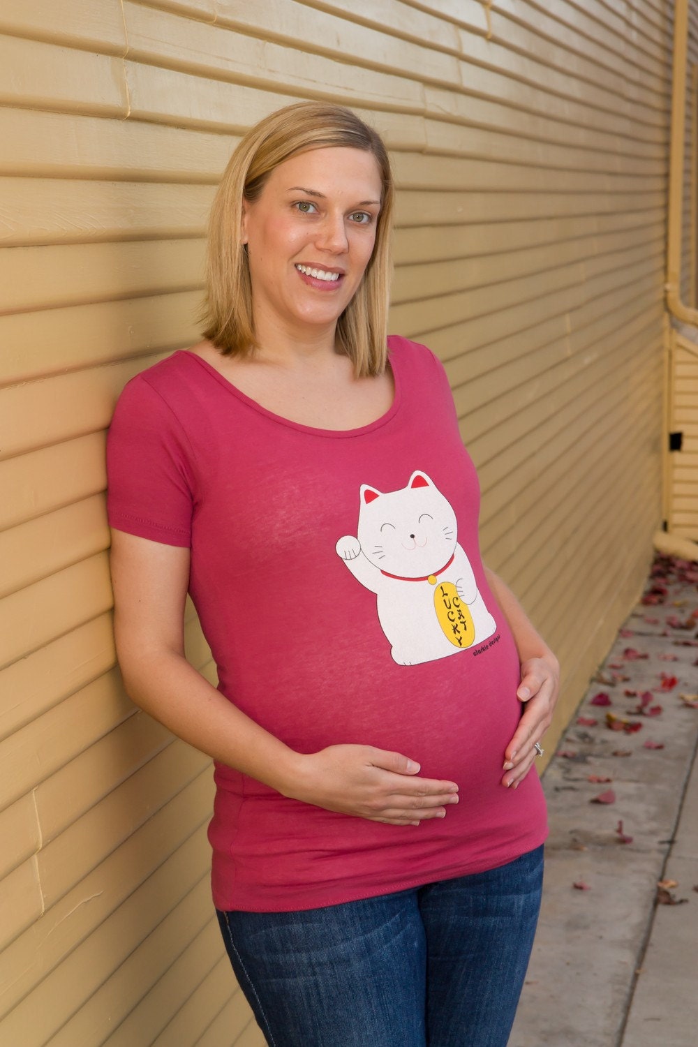 Lucky Cat Organic Cotton Womens T-Shirt for Maternity and Non-Maternity Wear