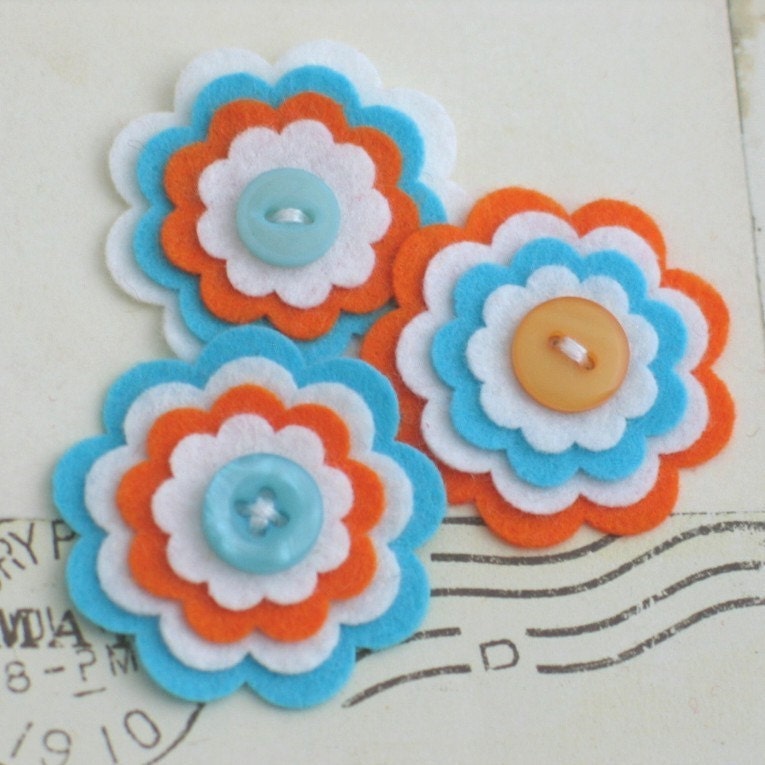 SUMMER TRAVELS Felt Flowers - Set of 3 Handmade Orange, White, Aqua Layered Felt Flowers