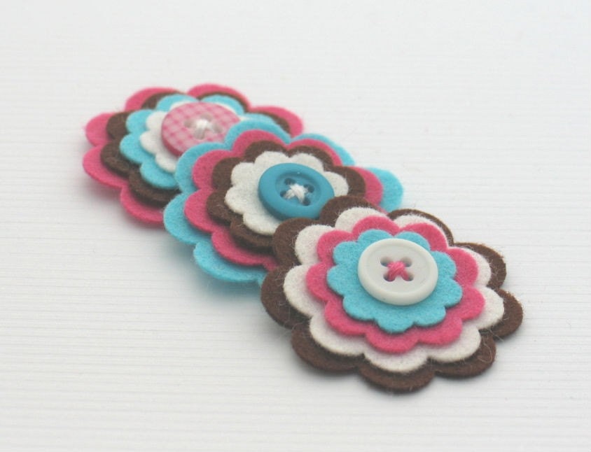 MADISON Felt Flowers - 3 Handmade Hot Pink , White, Brown and Aqua Layered Felt Flower Embellishments / Felt Applique