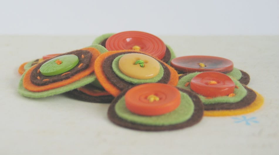 AUTUMN GLOW Button Baubles - Set of 9 Handmade Brown, Orange and Green Layered Felt and Button Embellishments - chocolatecupcake