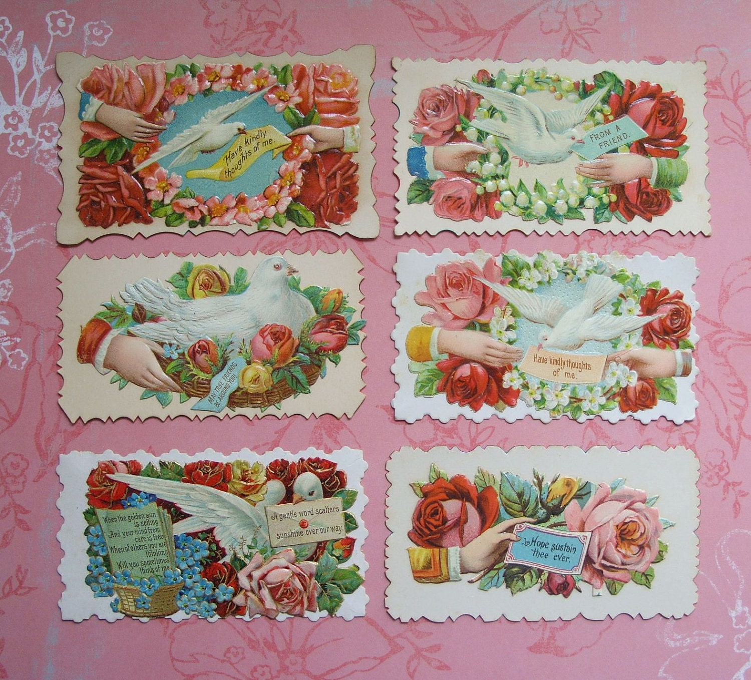 6 Victorian Hidden Name Calling Cards Doves Hands Flowers