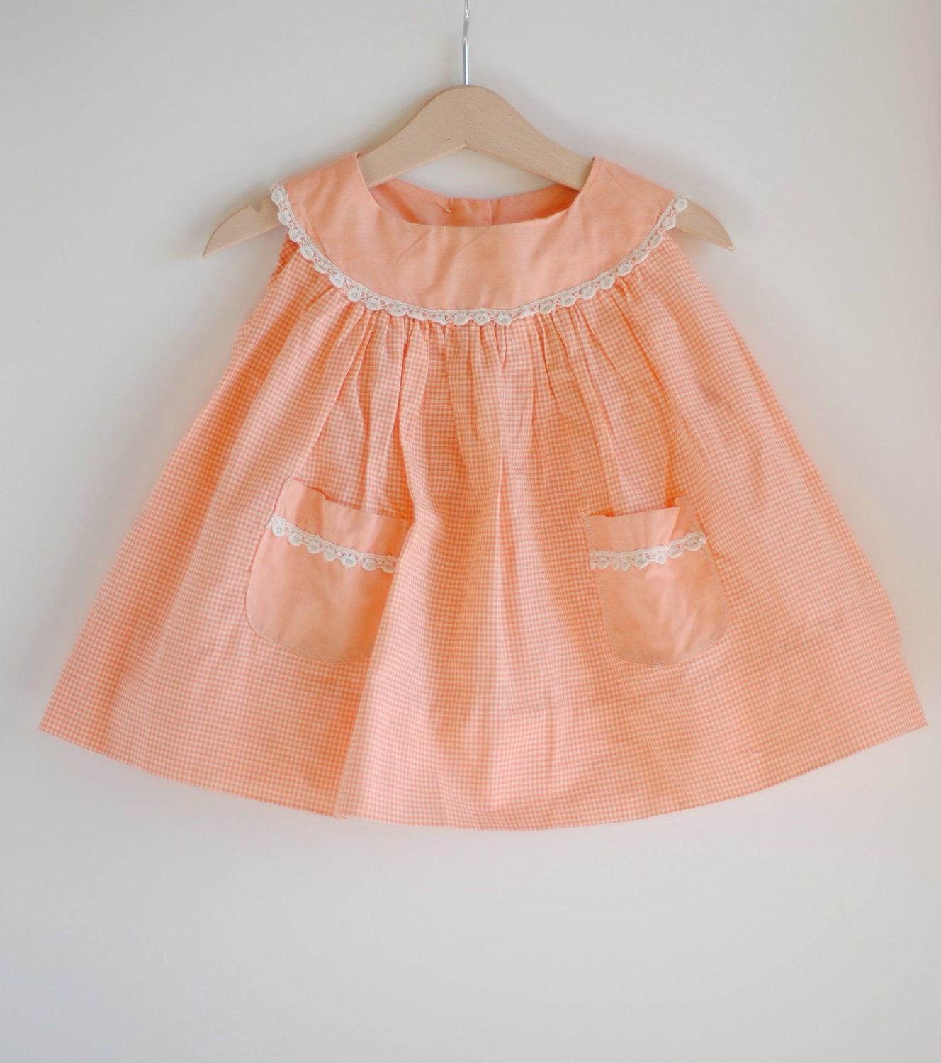Vintage 1950's Toddler Girl Dress or Swing Top - Peach GINGHAM (12 or 18m)