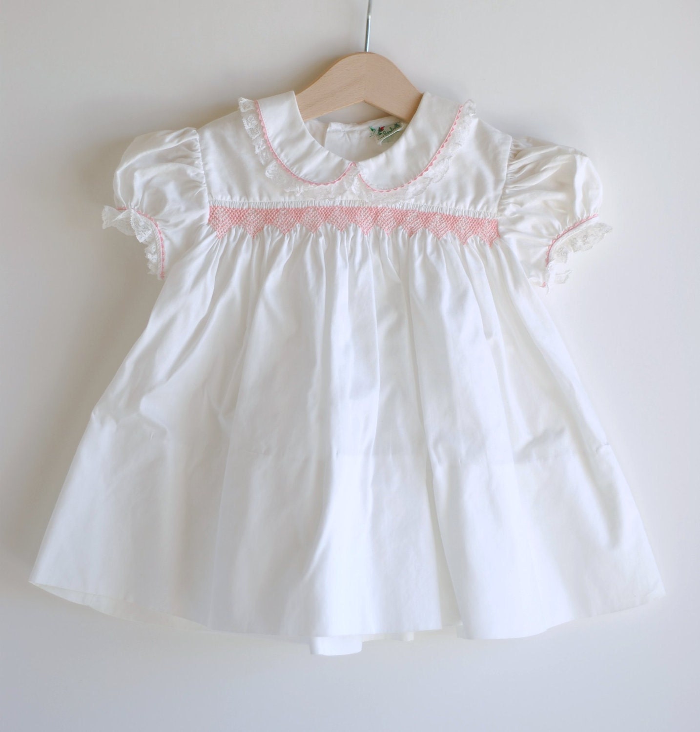 Vintage 1950's Baby Girl Dress - White with Pink Smocking (12m)