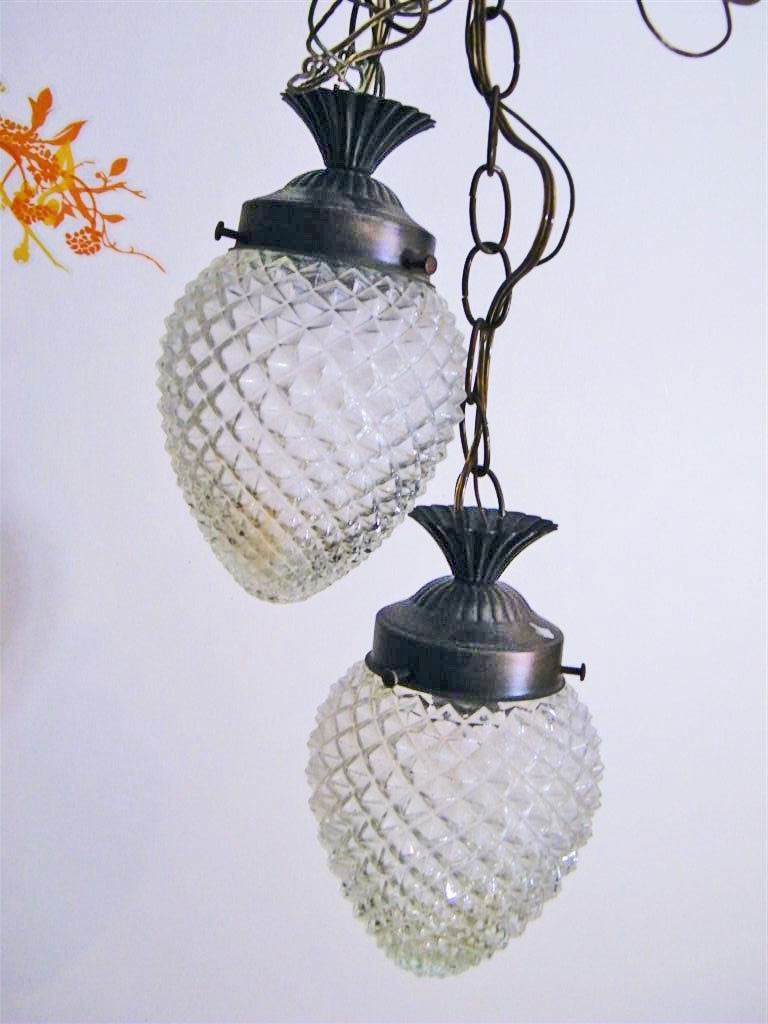 Free ship -- Hanging lamp in clear glass hobnob type patterned & cone shaped duo - Vintage