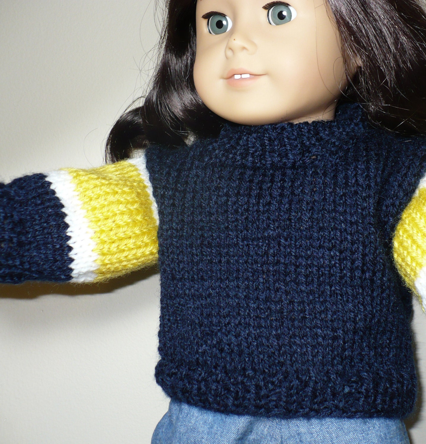 American Girl 18 inch doll clothes outfit - hand knit navy pullover college sweater with jeans