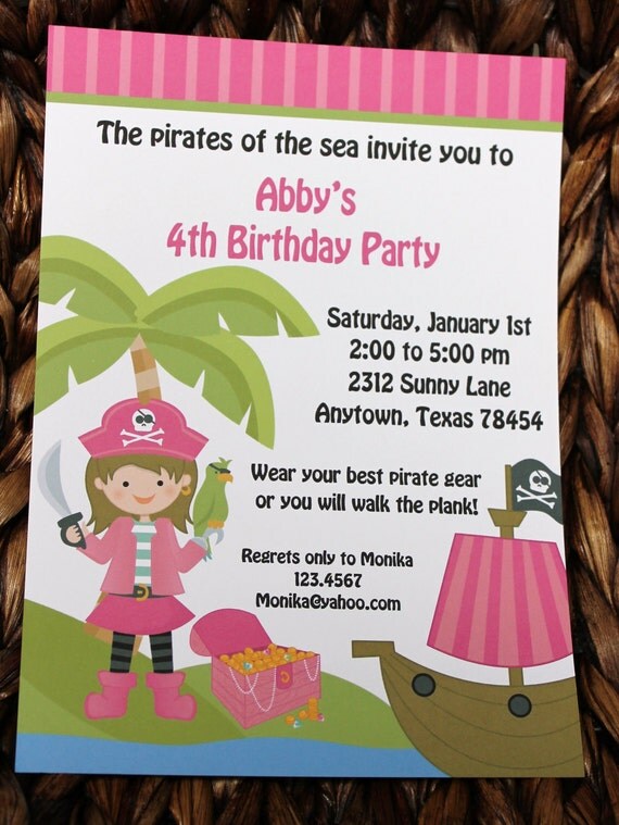Pink Pirate Birthday Party Invitations With Brunette Hair Il_570xn