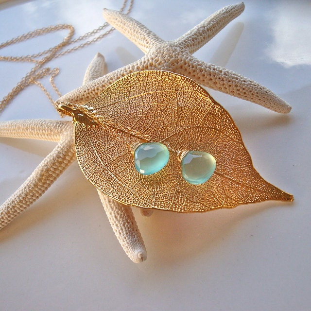 Extra Long 30" Gold Filled Necklace and Large 24k Gold Filled Laurel Leaf Aqua Sea Blue Chalcedony Briolettes. . . Free Shipping