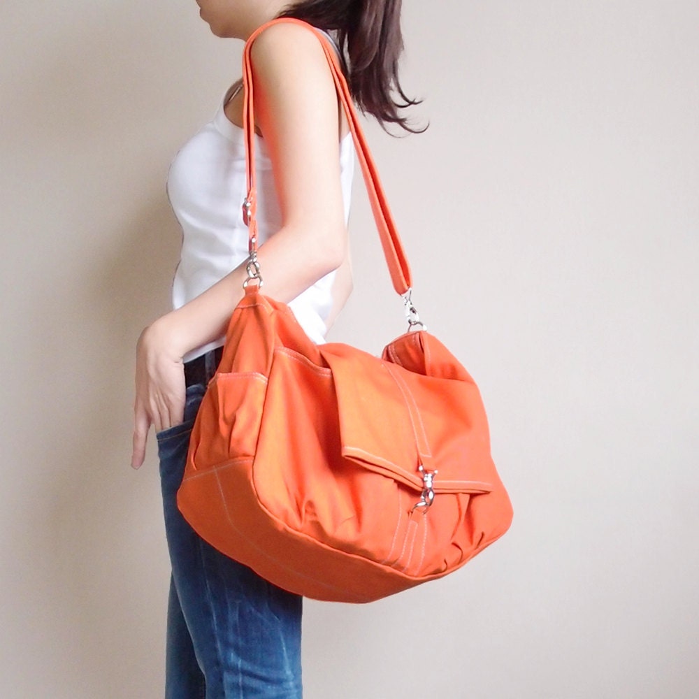 MAY Sale - Orange Canvas Women Shoulder Bag, Messenger bag, Tote, Hobo, Diapers Bag, School Bag, Handbag - KINIES CLASSIC