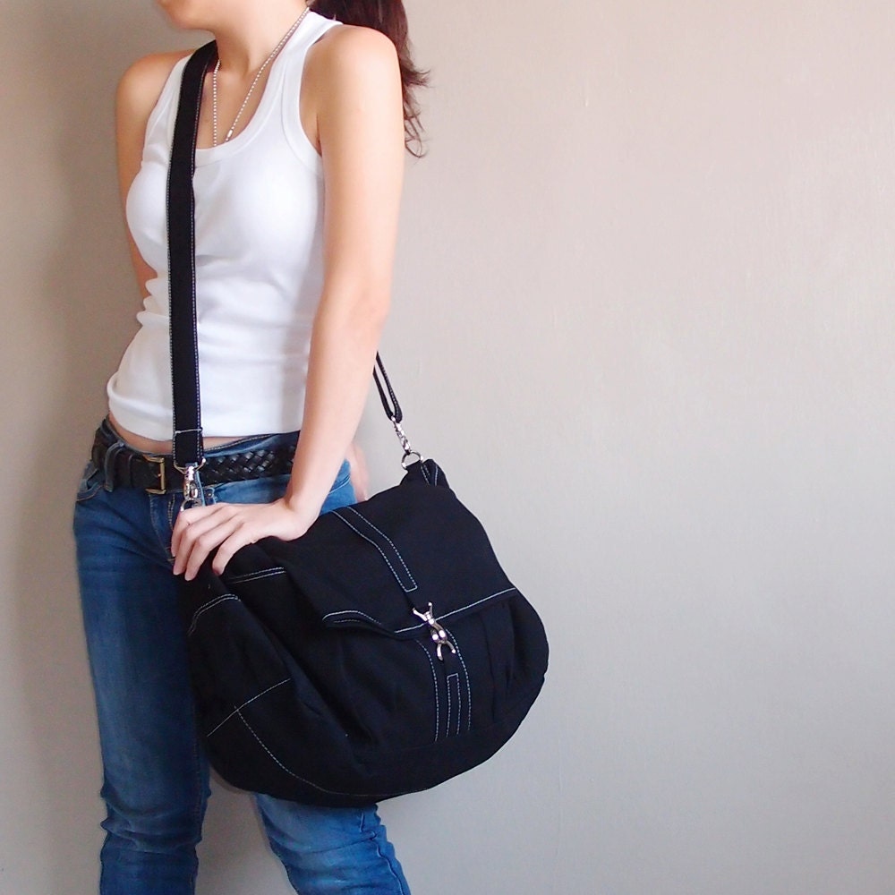 Father Day Sale - Black Canvas Women Shoulder Bag, Messenger bag, Tote, Hobo, Diapers Bag, School Bag, Handbag - KINIES CLASSIC