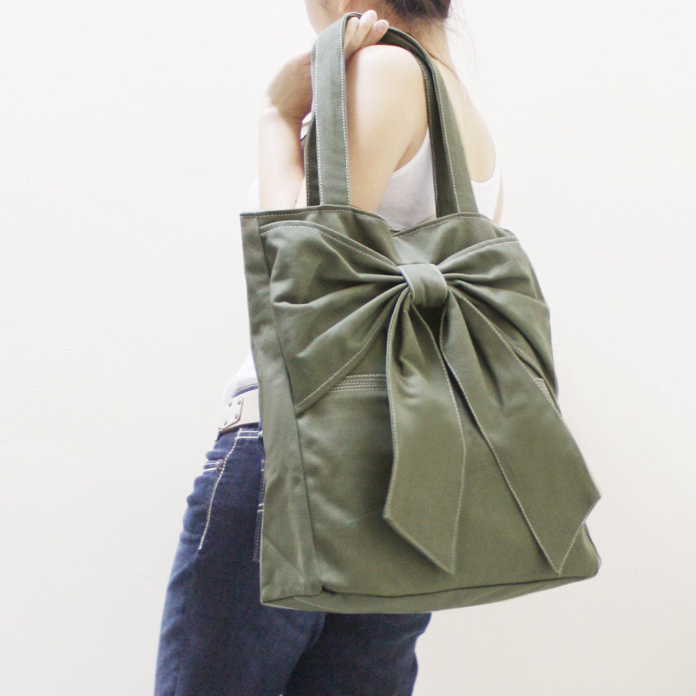 MAY Sale - Army Green Canvas Women Tote, Shoulder Bag, School Bag, Diapers Bag, Everyday Purse, Handbag - QT