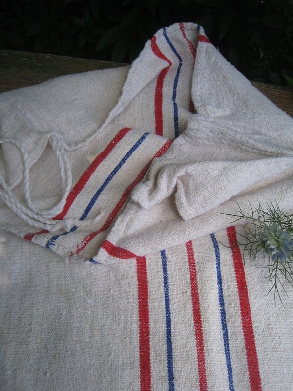 antique grain sack cushion tablerunner upholstery BLUE RED wedding decor 52.76long