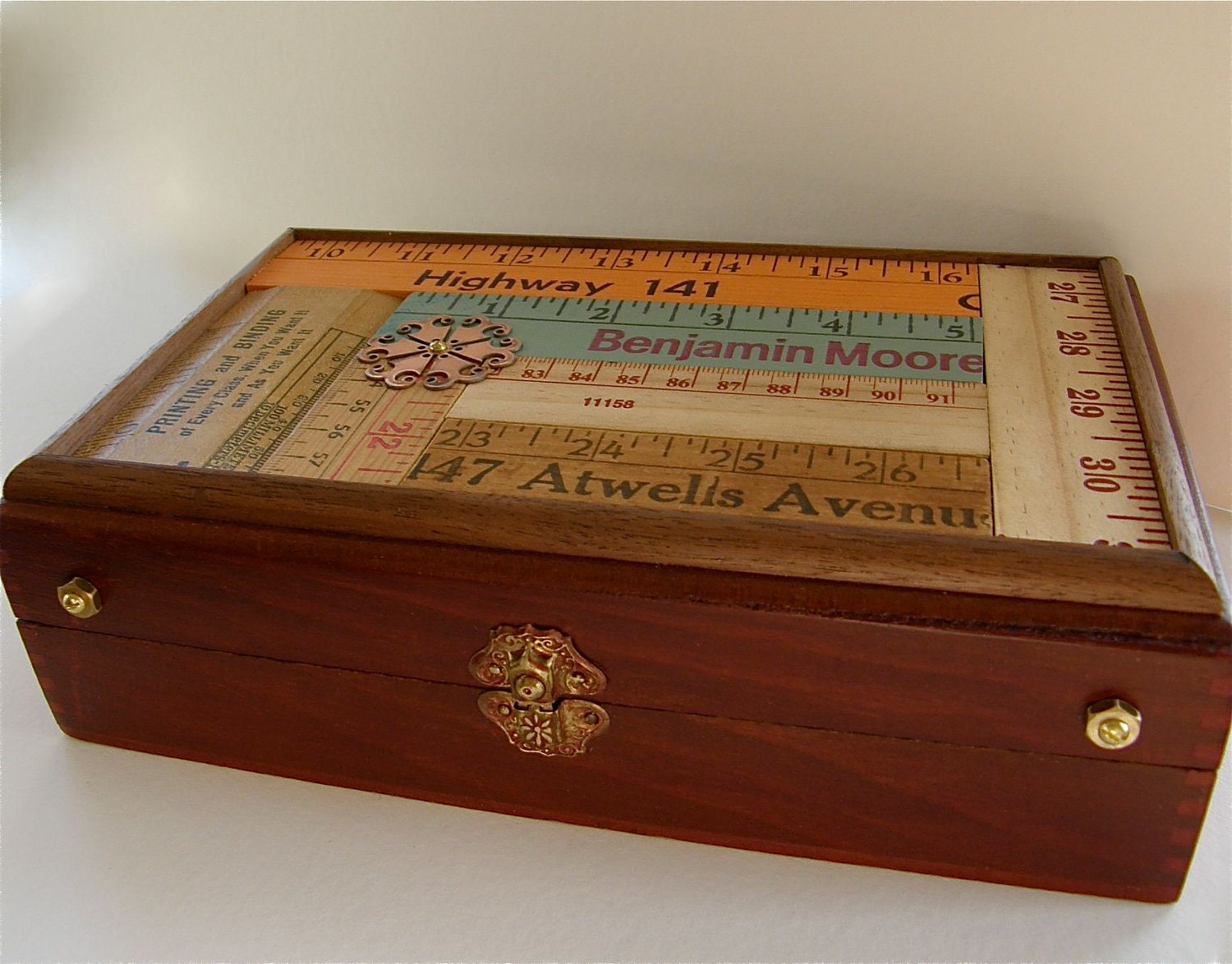 Pencil Box, Art Supply Box, Desk Organizer, Vintage Rulers, Wood