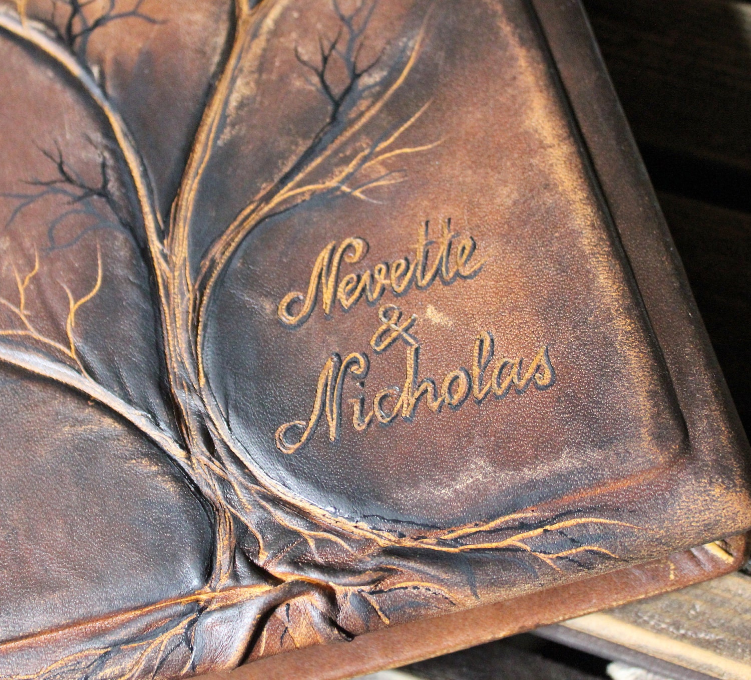 Names, date,  or intials engraving on the wood or leather items
