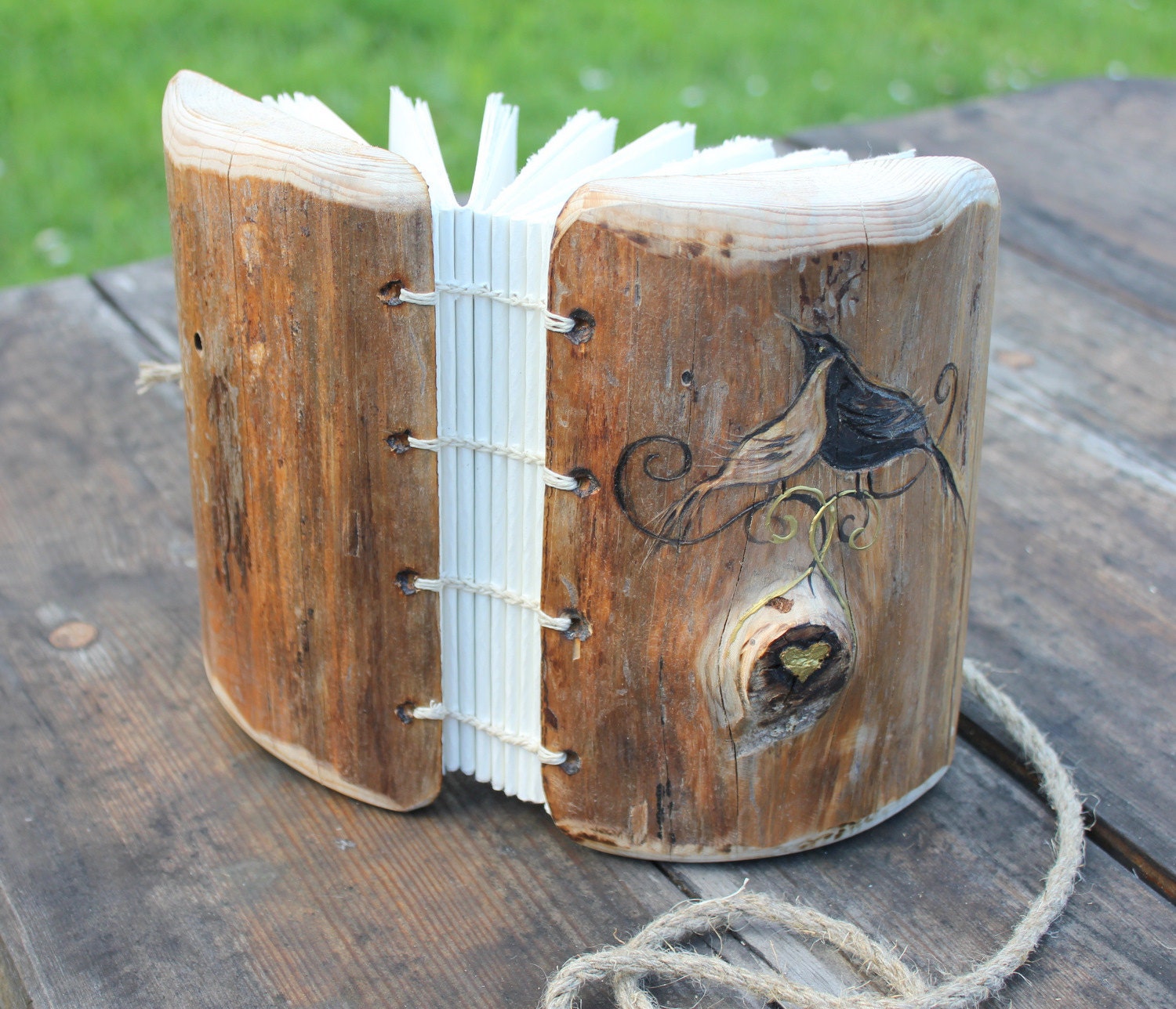 Coptic stich rustic wood journal with Love birds and gold heart