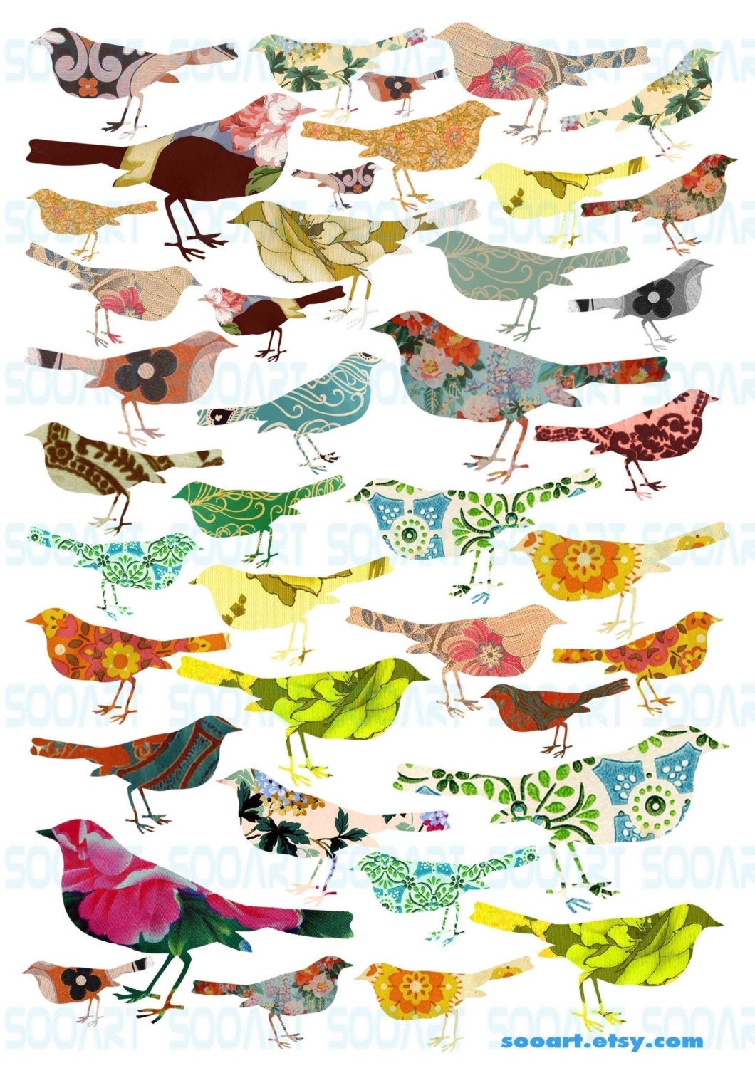 Digital Collage Sheet BirD Die Cut on Vintage Wallpaper  A4 Mixed Media Good for Scrapbook, Art, ACEO, ATC, Pendant etc.