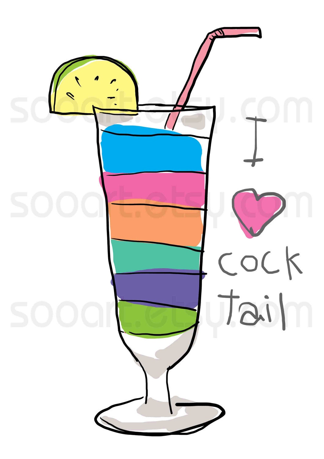 i love Cocktail-Digital Image Sheet -Original Illustrate Drawing  A4 Print transfer on Pillows, t-shirts, scrapbook, lampshades  ETC.v
