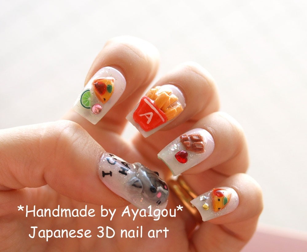 3D nails, fastfood, Nyan cat, kitteh, cheezburger, Japanese, fake nails