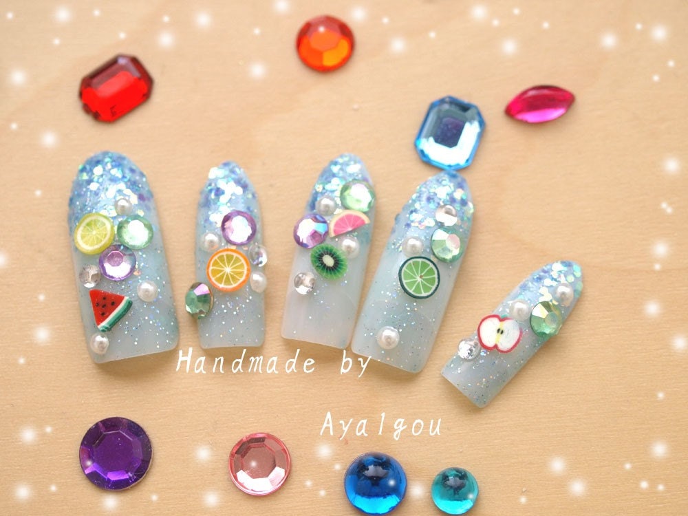 Fake nails, fruit, gel nails, miniature, fake food, aqua blue, glitter, long finger nails