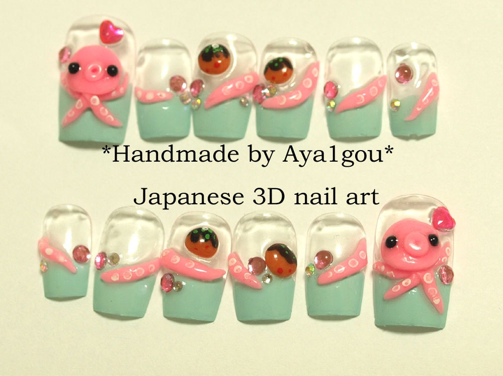 3D nails, Japanese, crazy nail art, Takoyaki, octopus, tentacles, kawaii