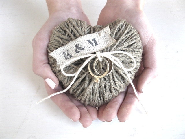 Wedding Ring Bearer Pillow/Holder - REUSE as Christmas ornament /decor - HAND STAMPED initials, wedding decor - eco friendly