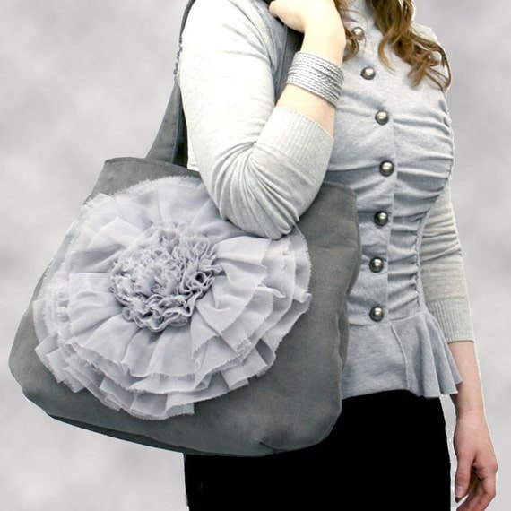 Grey Chiffon Ruffle Flower Handbag MADE TO ORDER