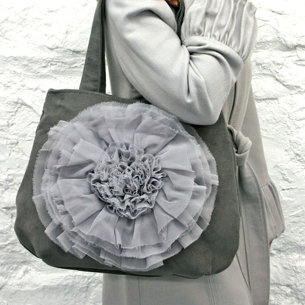 Grey Chiffon Ruffle Flower Handbag MADE TO ORDER