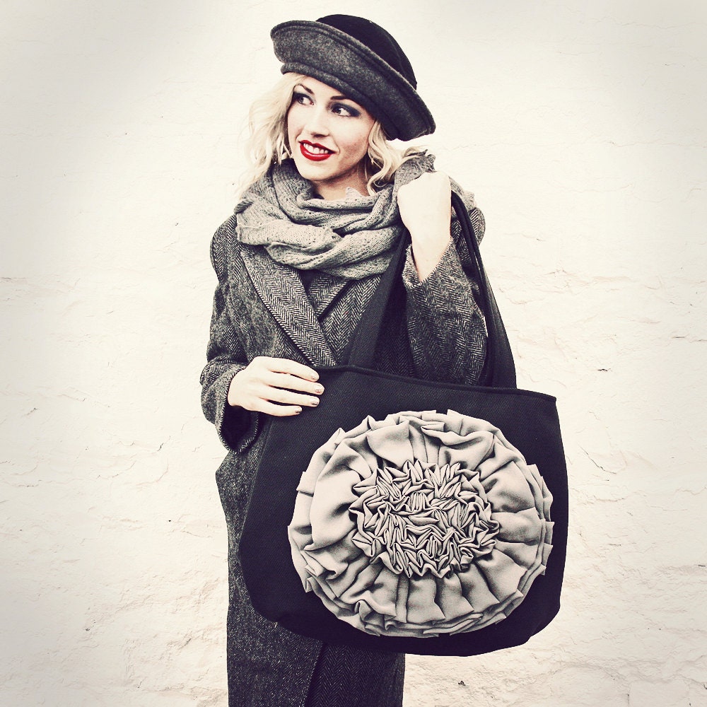 Black Gray Chiffon Flower Handbag Ready to Ship