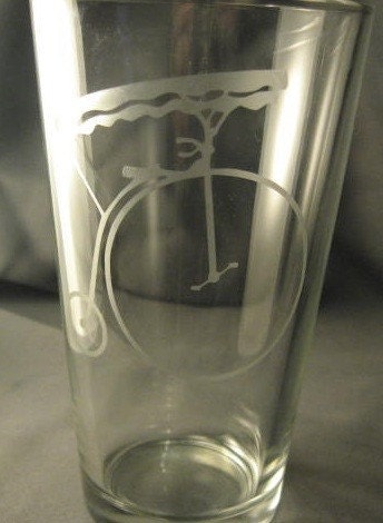 SALE Penny Farthing bicycle bike etched Pint Glass