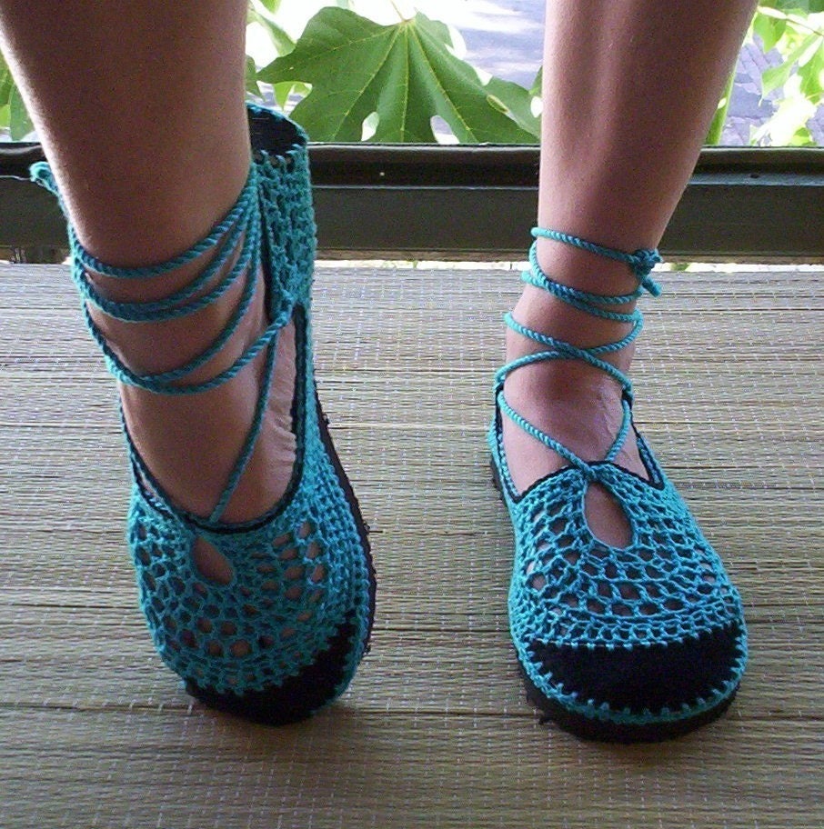 Lace up crochet SHOES - Mary Jane - Turquoise - CUSTOM MADE - Hippie sandals