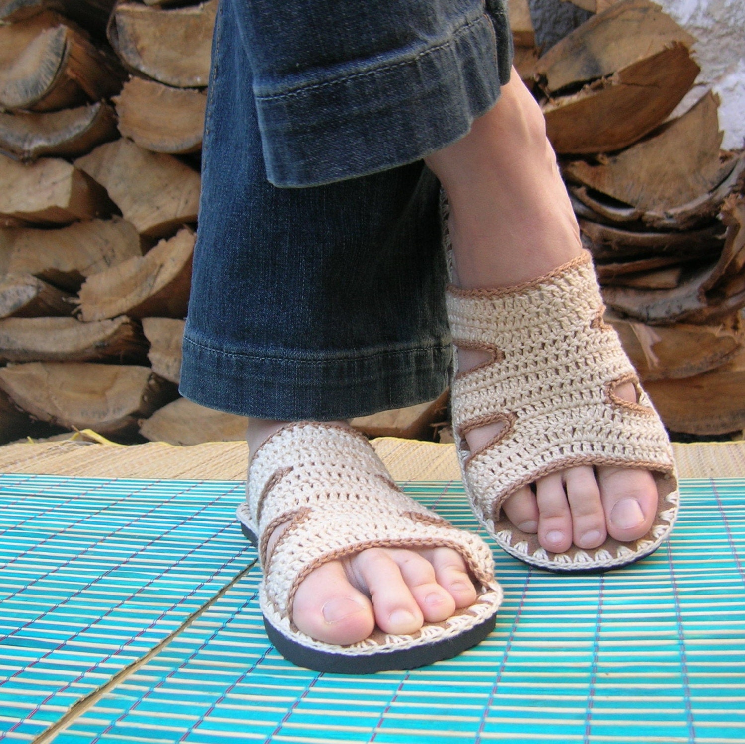 Tan Beige Crochet SANDALS - boho hippie summer shoes - CUSTOM MADE