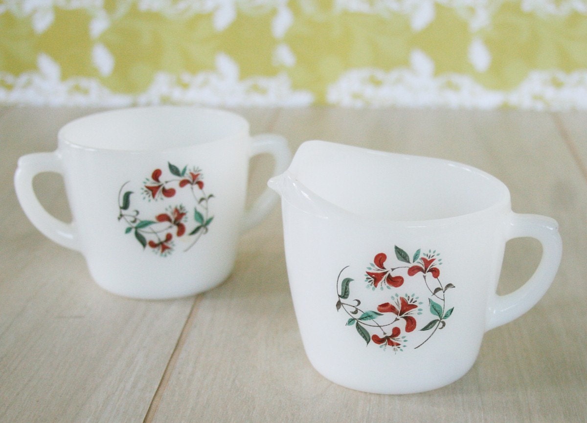 Vintage Creamer and Sugar Bowl, Milk Glass White, Fire King, Flowers