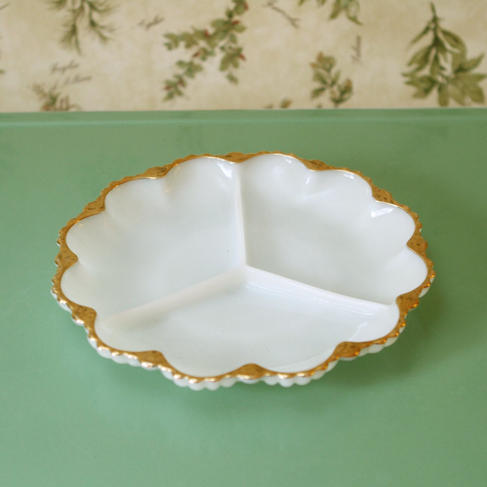 Vintage Milk Glass Plate with Gold Trim