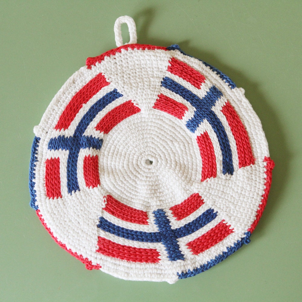 Vintage Crocheted Pot Holder, Norway Flag, Red, White, Blue