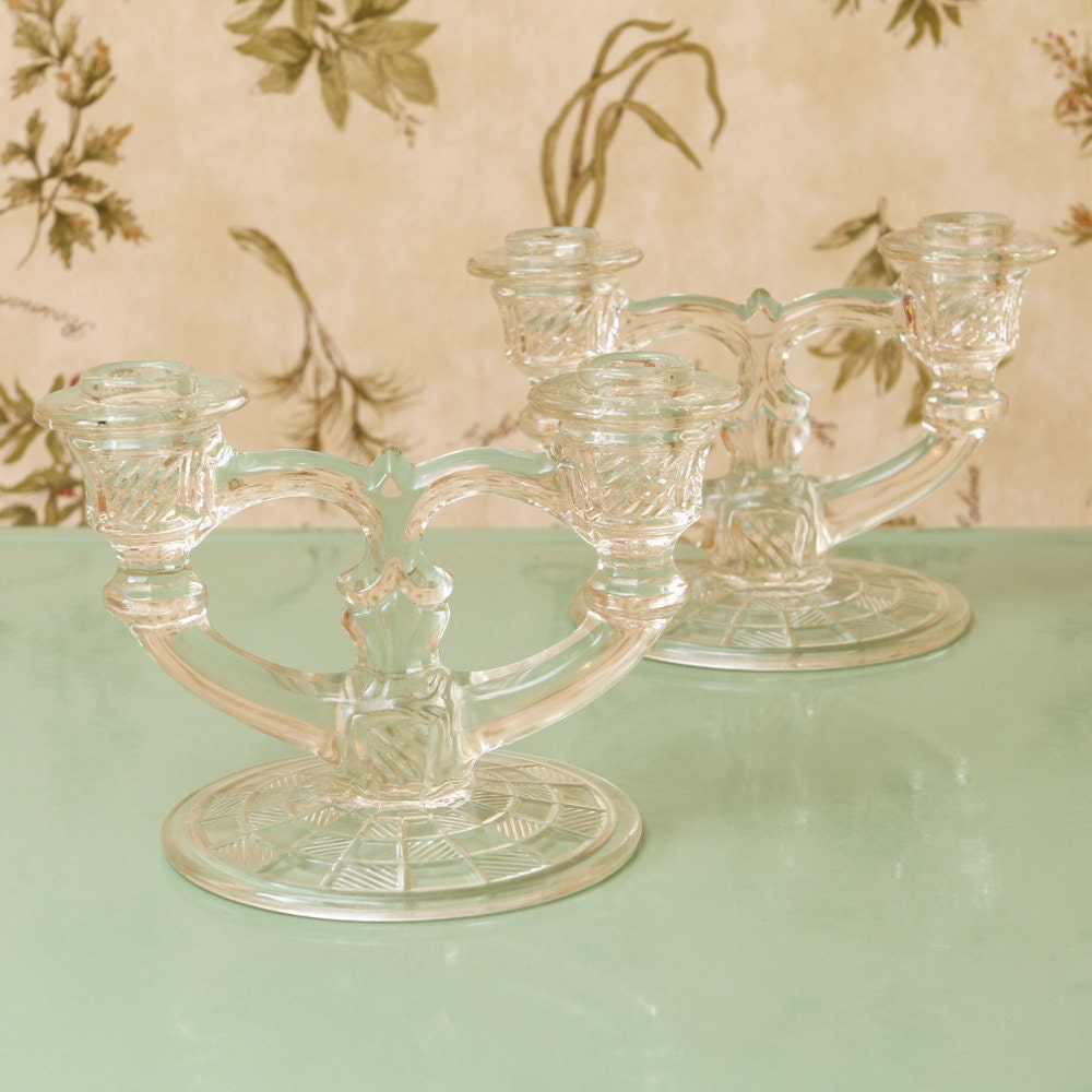 Items similar to Vintage Candle Holders Candelabra , Pressed Glass, Set