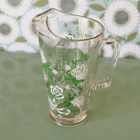 Vintage Pitcher Green White Flowers by BettysKitschen on Etsy