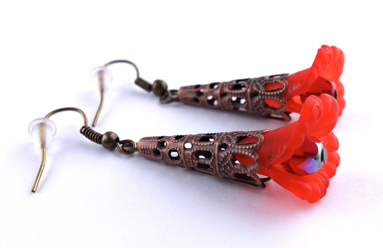 Mother's Day Sale, Red Flower Earrings, Ruby Red Lucite Ruffle Flower Earrings with Antique Bronze Findings