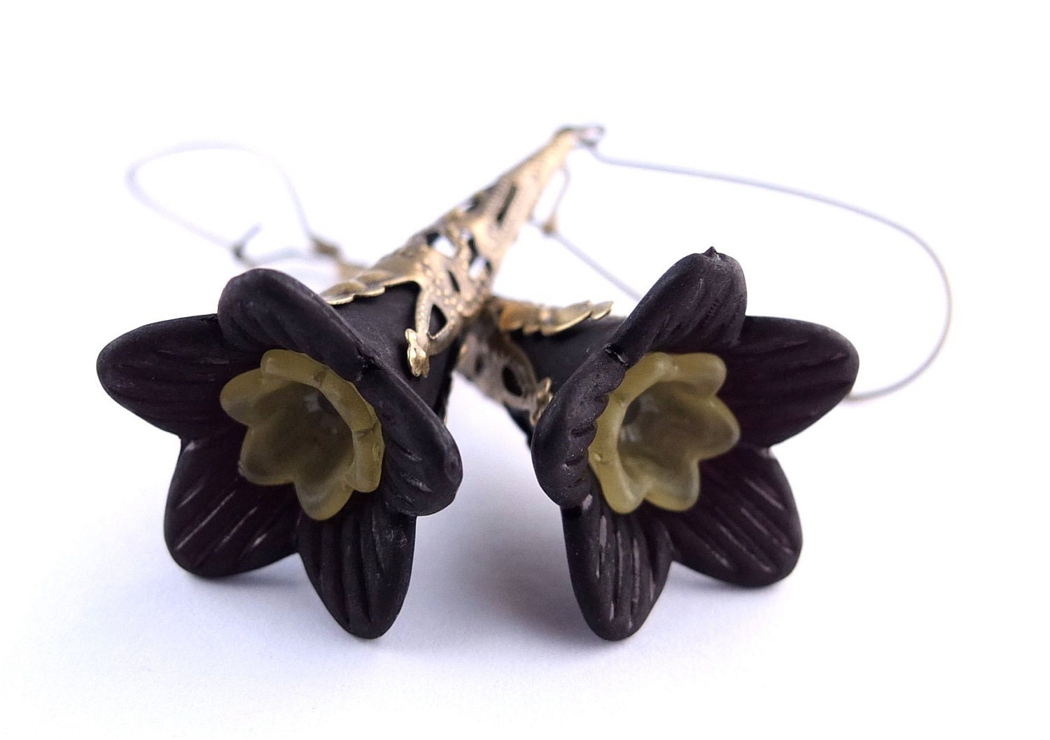 Mother's Day Sale, Black Flower Earrings - Black Lucite Trumpet & Yellow Bell Flower Earrings with Antique Bronze Findings