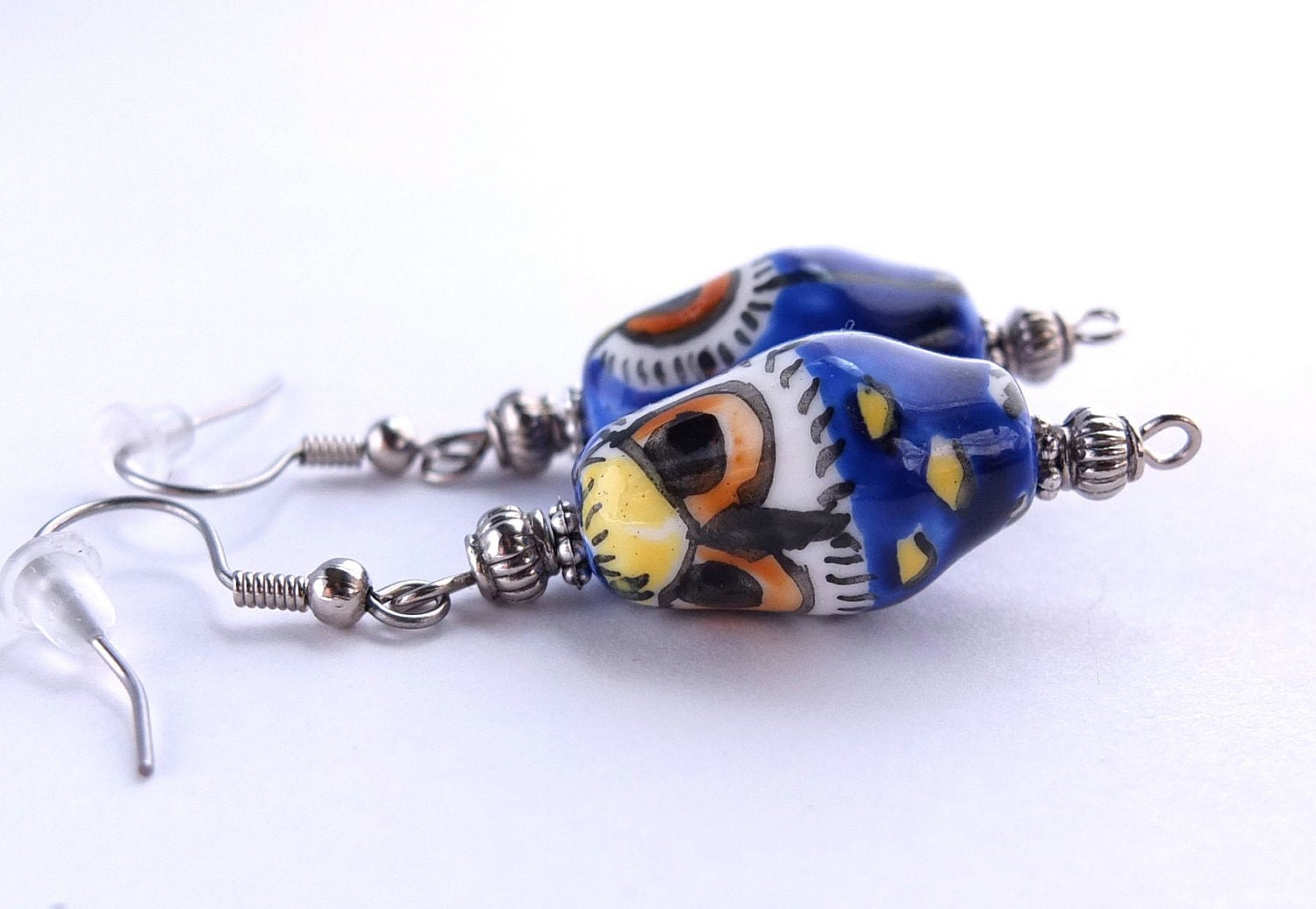 Ceramic Owl Earrings, Blue, Yellow, Orange, Black Ceramic Owl Earrings