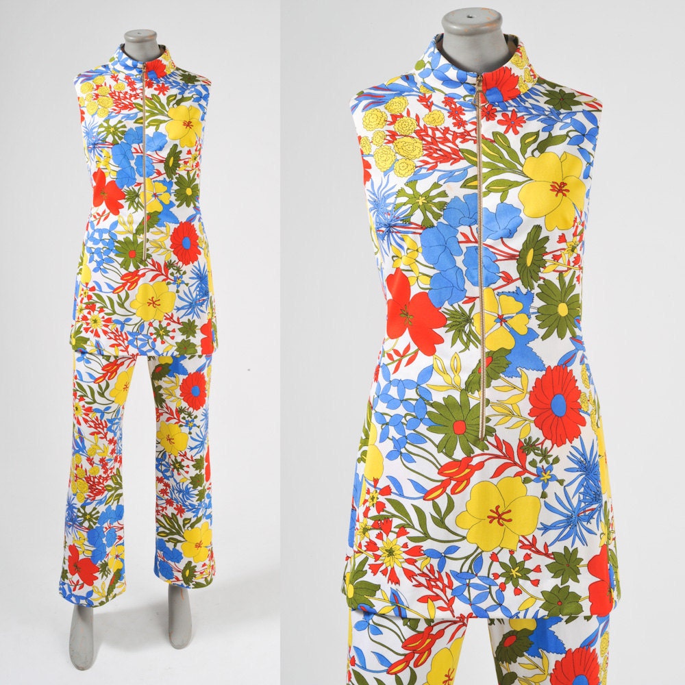 1960's Mod Flower Power Pants Suit - Pants & Tunic Set - Bright Blue Red Yellow Floral Print